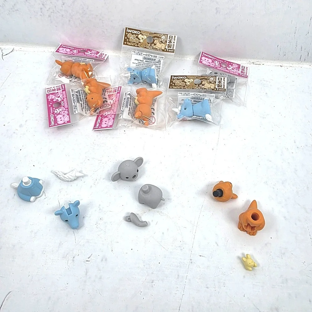 Lot of 6 Iwako Japanese 3D Puzzle Erasers Unicorn Elephant Kangaroo NEW